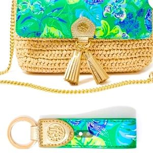 Lilly Pulitzer Botanical Green Straw Crossbody Handbag with Matching Keyring NWT